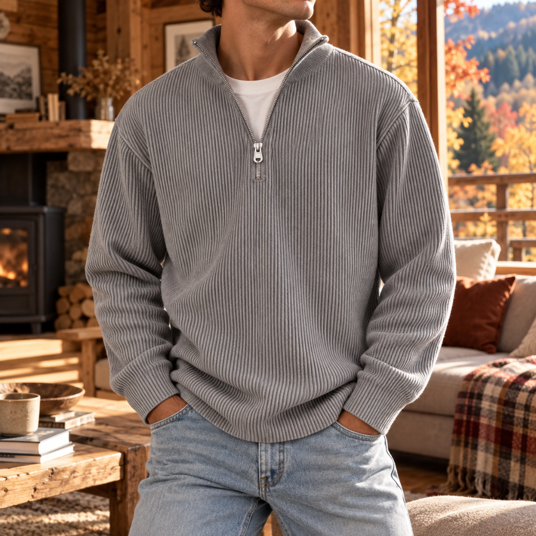 Maglione uomo grigio a coste verticali con mezza zip e maniche lunghe