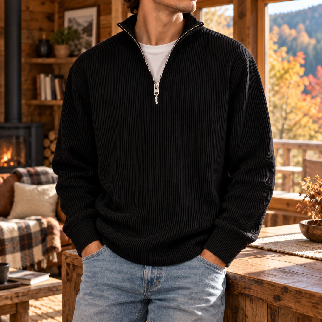 Maglione uomo nero a coste con collo alto, mezza zip e maniche lunghe