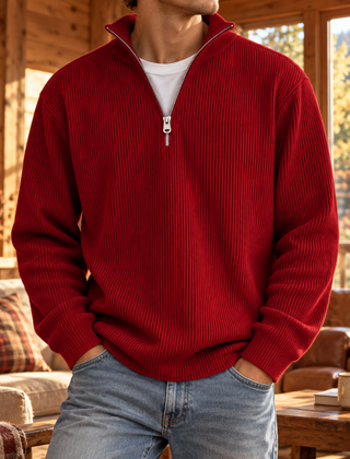 Maglione uomo rosso in maglia a coste con mezza zip e polsini a costine