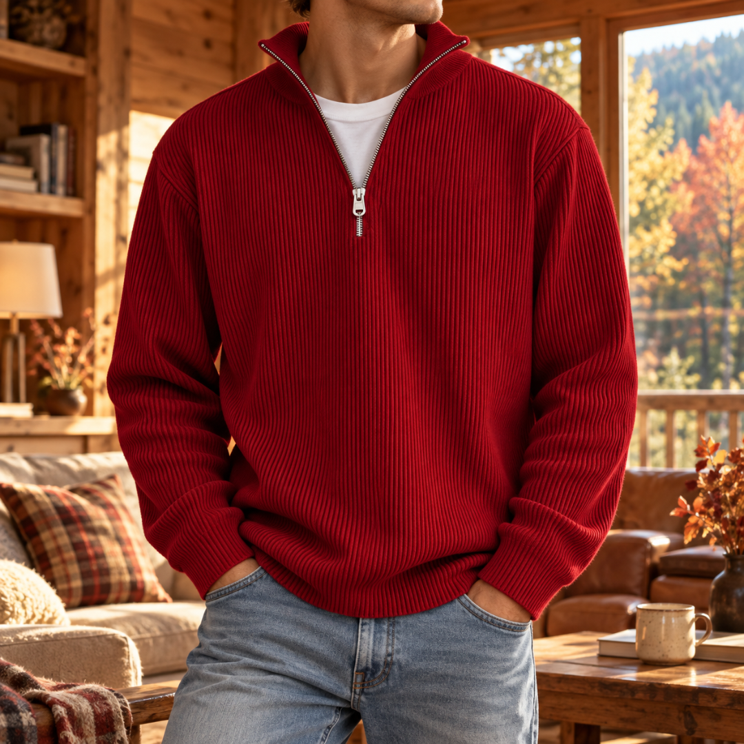 Maglione uomo rosso in maglia a coste con mezza zip e polsini a costine