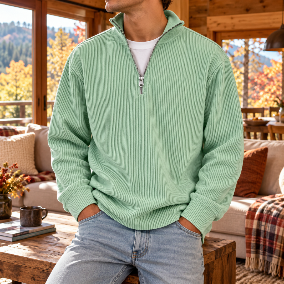 Maglione uomo verde chiaro a coste con zip corta e collo alto rialzato