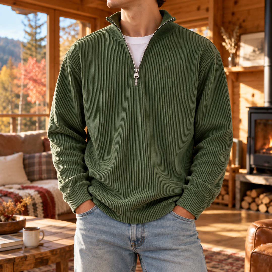 Maglione uomo verde scuro a coste verticali con collo alto e mezza zip