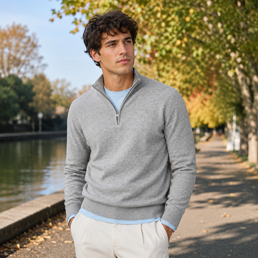 Maglione uomo grigio mélange a mezza zip con cerniera argentata sul collo