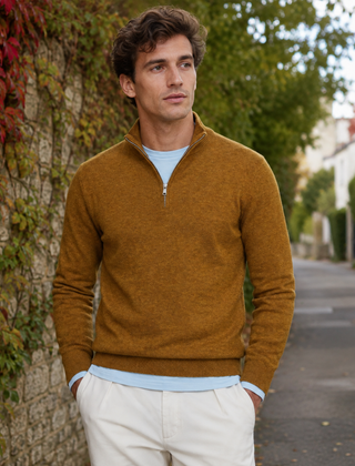 Maglione uomo kaki a mezza zip con collo alto e polsini a coste