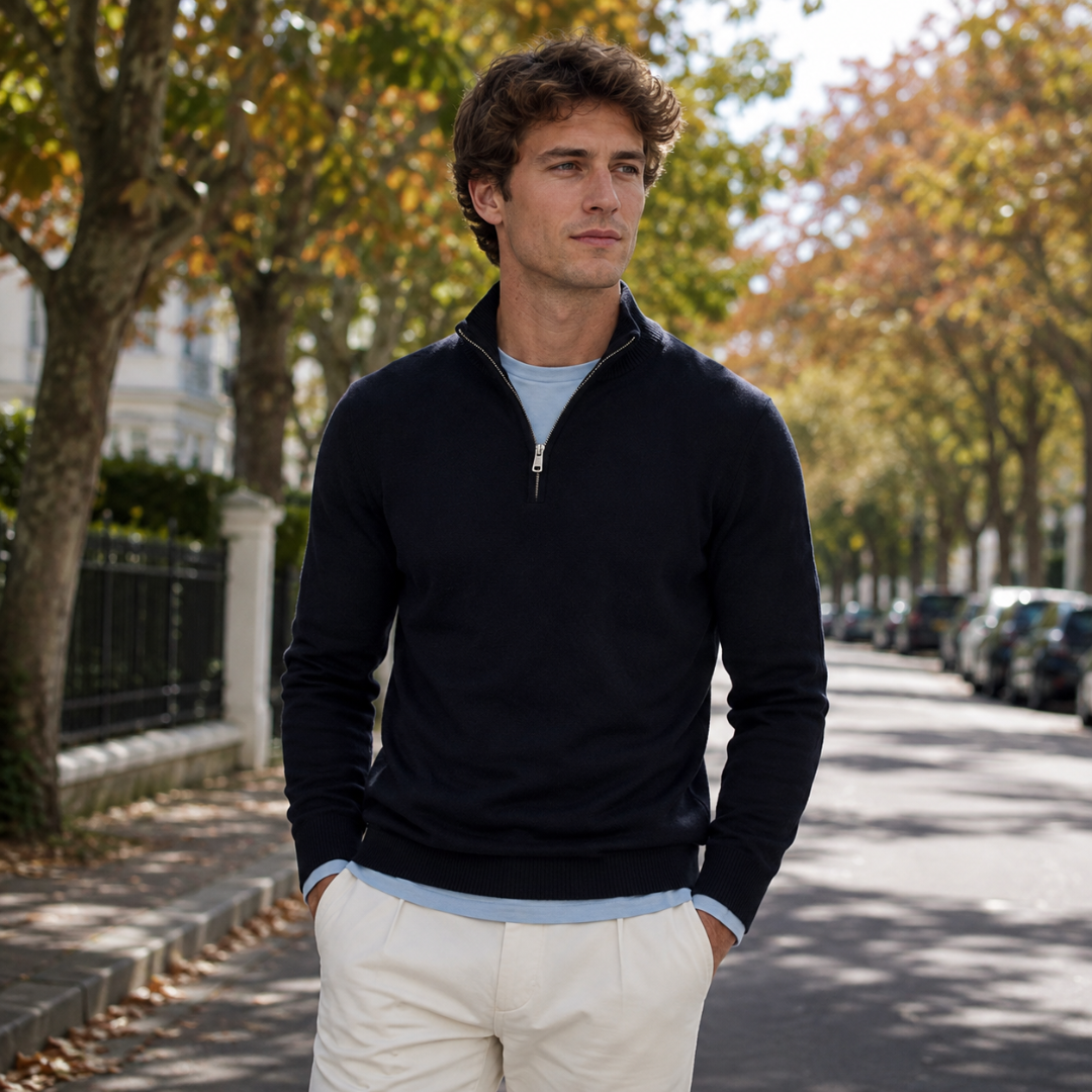 Maglione uomo nero a mezza zip con cerniera argentata e bordi a coste