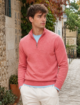 Maglione uomo rosa a mezza zip con collo alto in vicolo di pietra