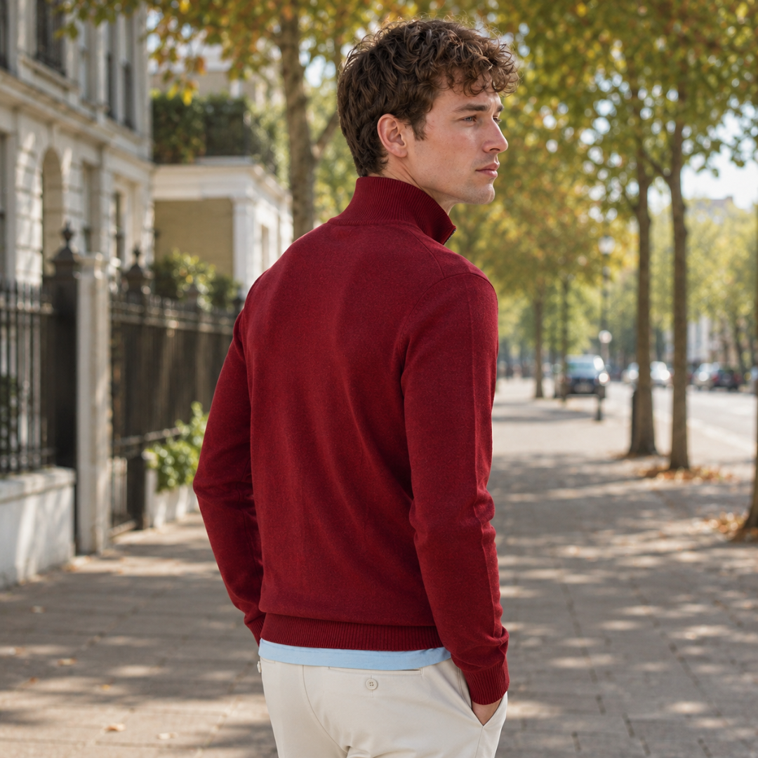 Retro del maglione uomo rosso a mezza zip con bordi a coste