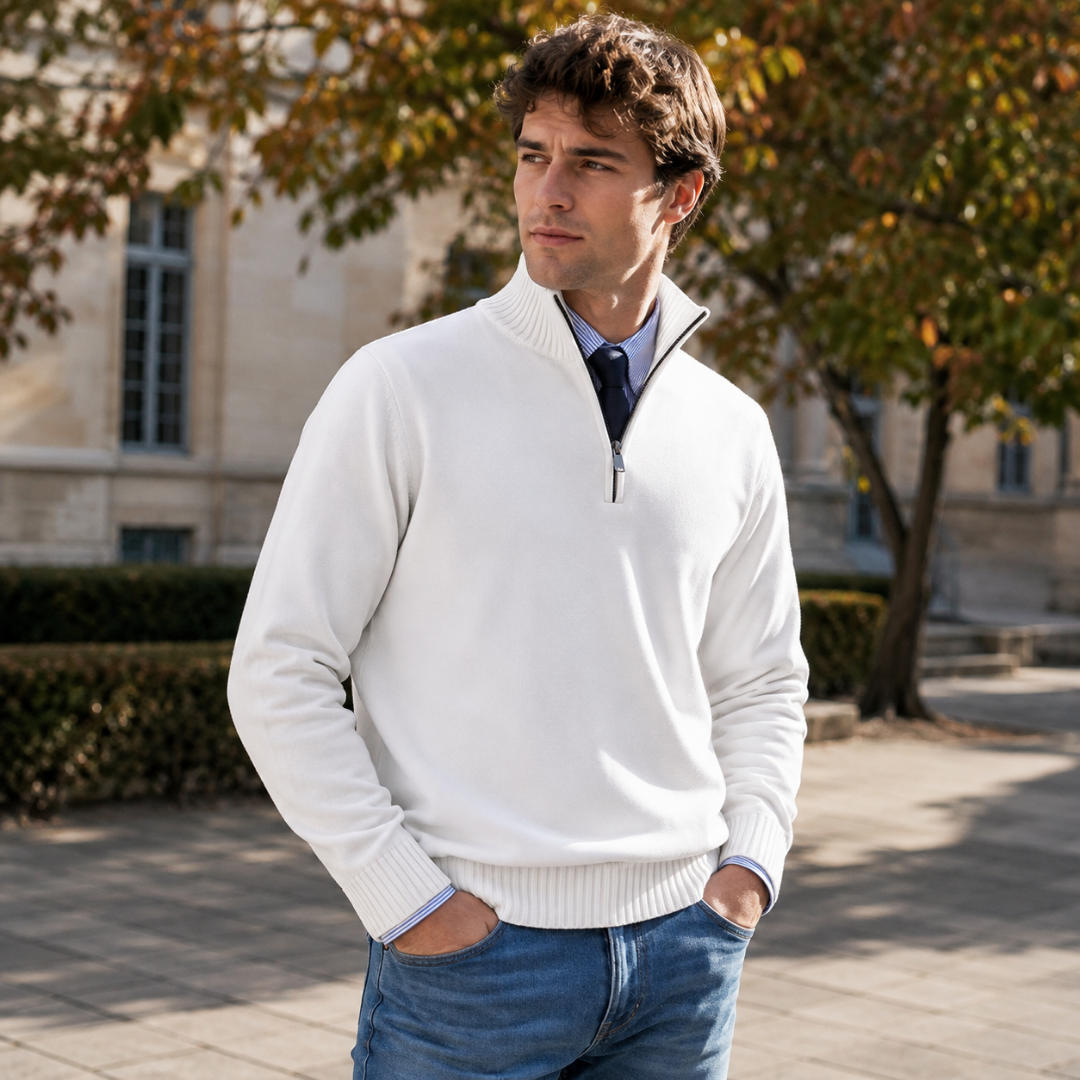 Maglione uomo bianco a mezza zip con polsini a coste e camicia a righe