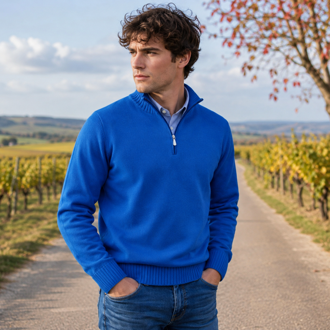 Maglione uomo blu acceso con collo alto e mezza zip tra i vigneti