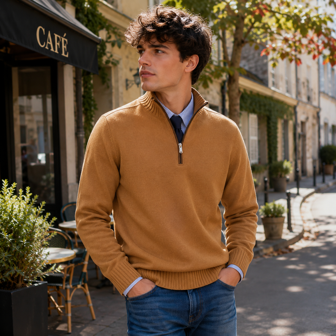 Maglione uomo color cammello a mezza zip indossato su camicia a righe azzurre