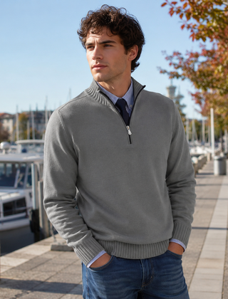 Maglione uomo grigio scuro a mezza zip con maniche lunghe e fondo a coste