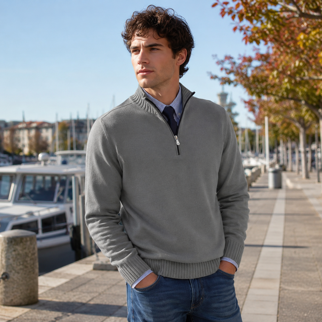Maglione uomo grigio scuro a mezza zip con maniche lunghe e fondo a coste