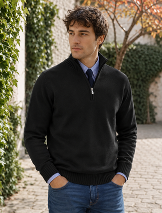 Maglione uomo nero a mezza zip con bordi a coste e pantaloni blu