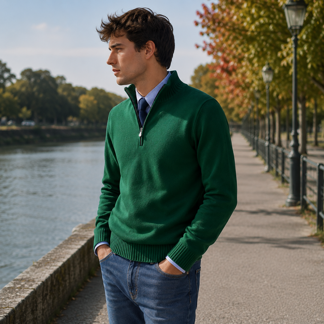 Maglione verde da uomo di profilo con zip aperta e cravatta blu sotto