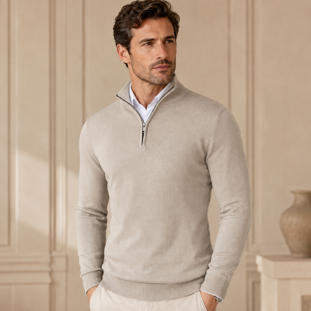 Maglione uomo beige a mezza zip con collo alto e polsi a coste
