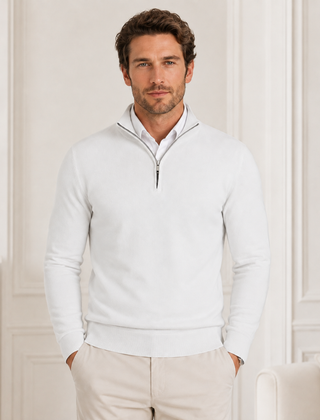 Maglione uomo bianco a mezza zip con collo alto e bordi a coste