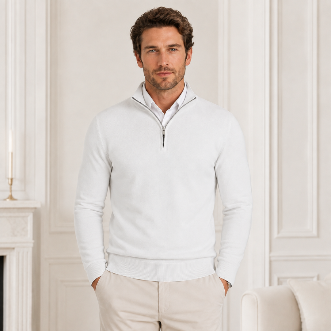 Maglione uomo bianco a mezza zip con collo alto e bordi a coste