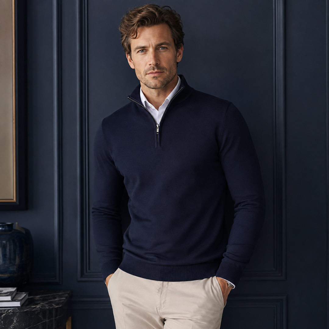 Maglione uomo blu navy a mezza zip con bordi a coste e camicia bianca