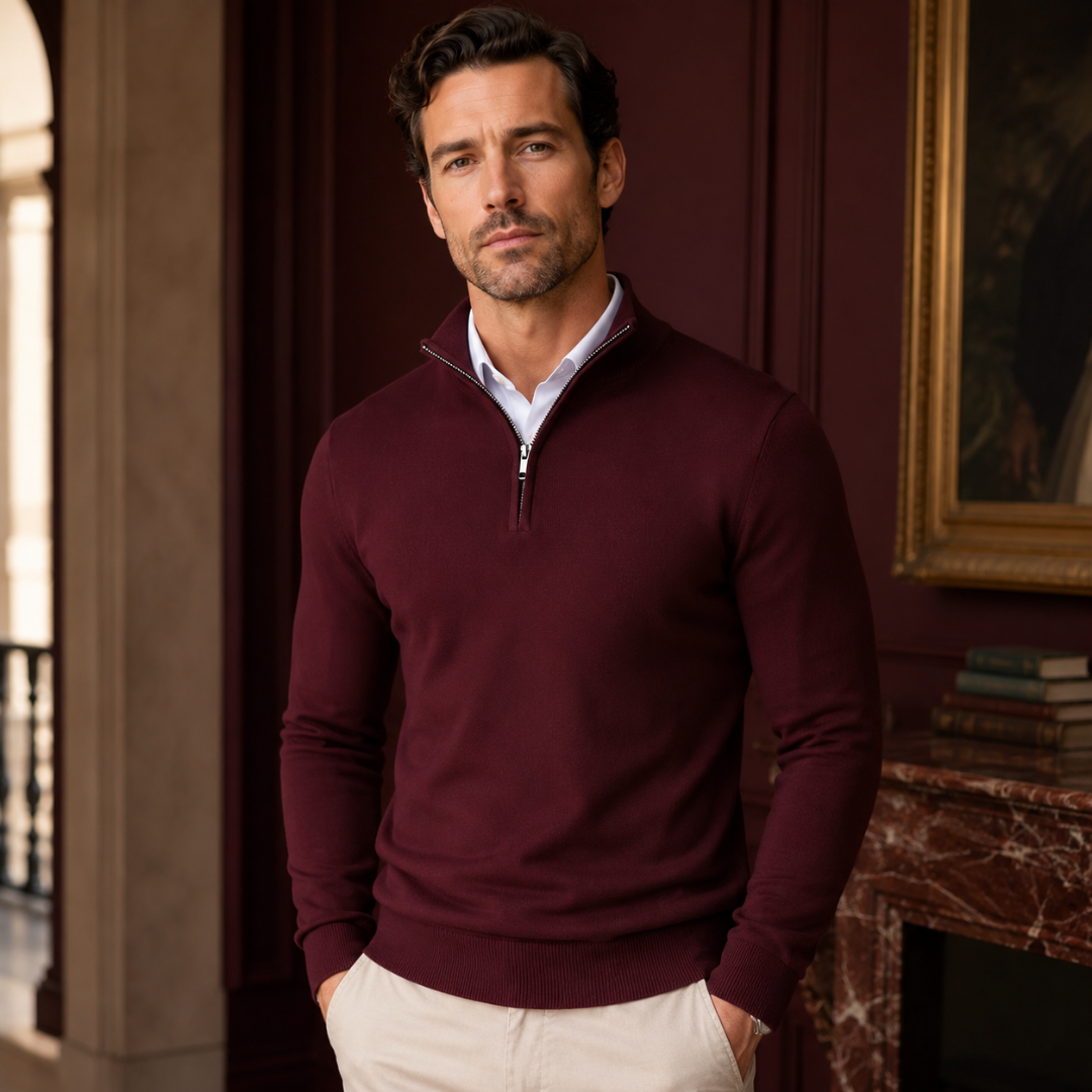 Maglione uomo bordeaux con chiusura a mezza zip e fondo a coste