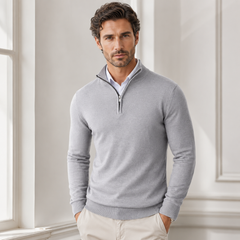 Maglione uomo grigio chiaro a mezza zip con maniche lunghe e polsi a coste