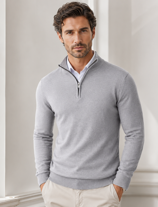 Maglione uomo grigio chiaro a mezza zip con maniche lunghe e polsi a coste