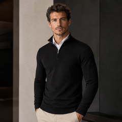 Maglione uomo nero a mezza zip con collo alto e maniche lunghe