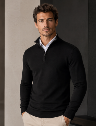 Maglione uomo nero a mezza zip con collo alto e maniche lunghe