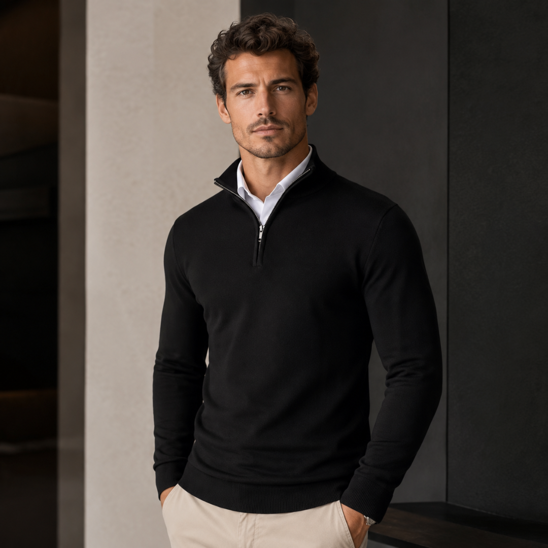 Maglione uomo nero a mezza zip con collo alto e maniche lunghe