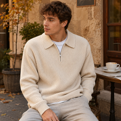 Maglione uomo bianco panna a coste con mezza zip e colletto a polo