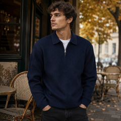 Maglione uomo blu navy a coste con mezza zip e maniche lunghe
