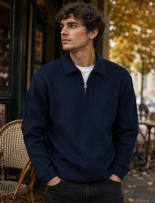 Maglione uomo blu navy a coste con mezza zip e maniche lunghe