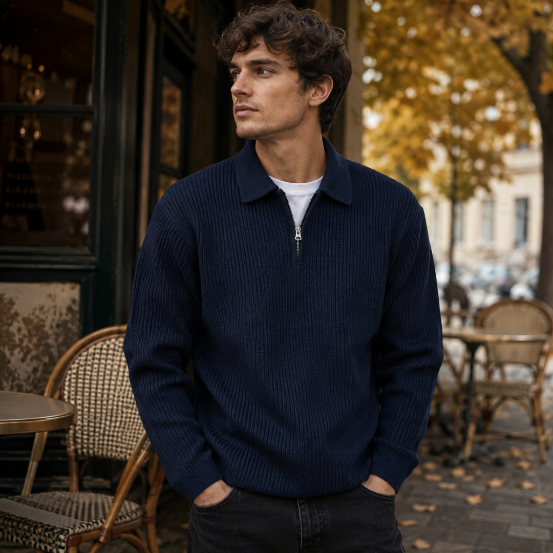 Maglione uomo blu navy a coste con mezza zip e maniche lunghe