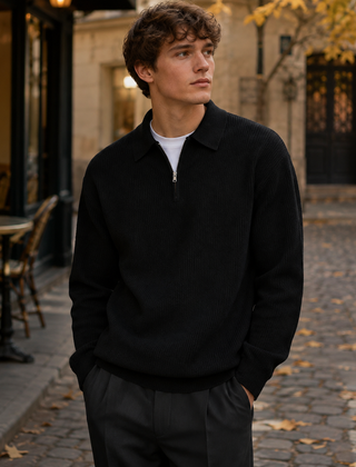 Maglione uomo nero a coste con colletto a polo e chiusura con zip