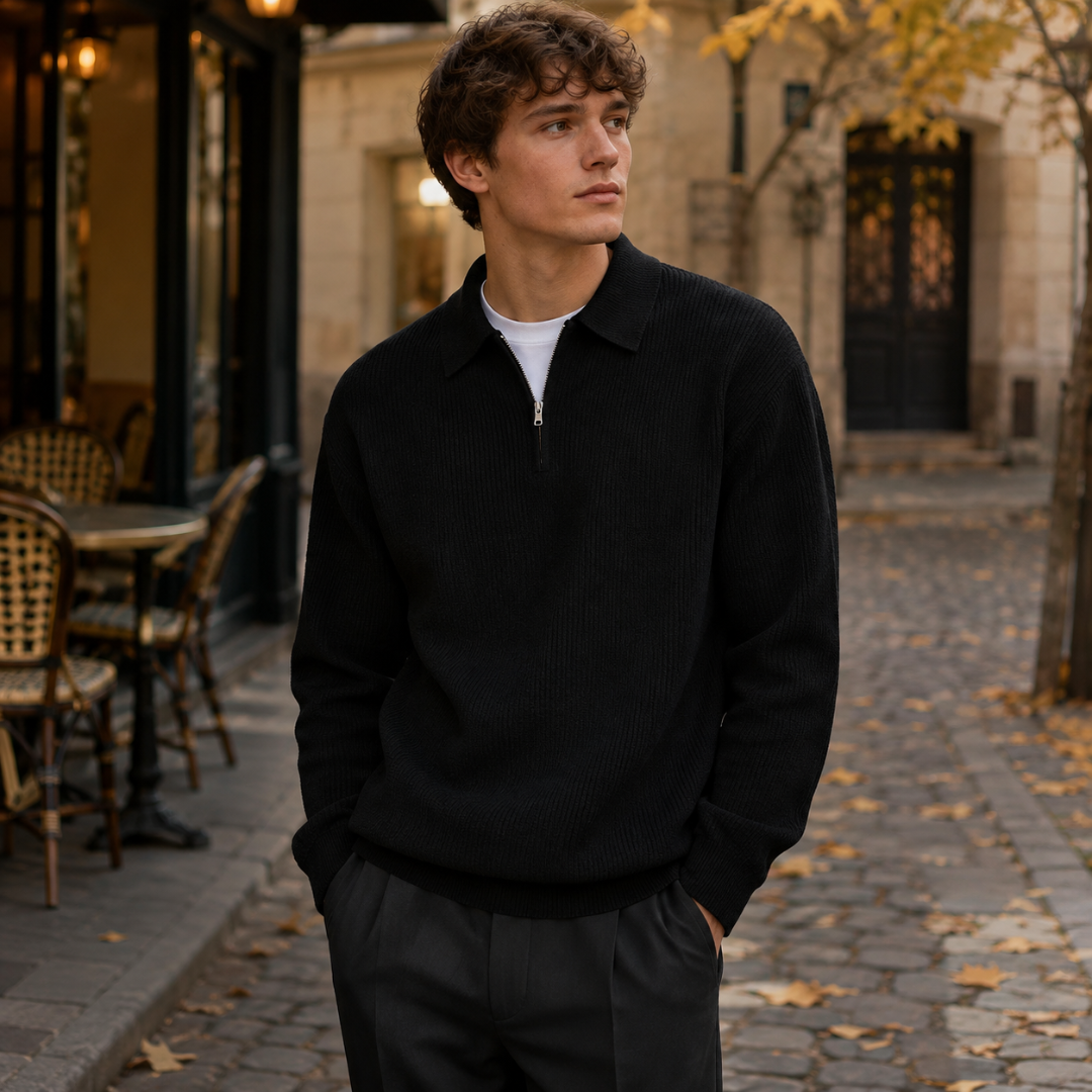 Maglione uomo nero a coste con colletto a polo e chiusura con zip