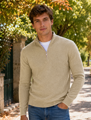 Maglione uomo albicocca a mezza zip con collo alto e maniche lunghe