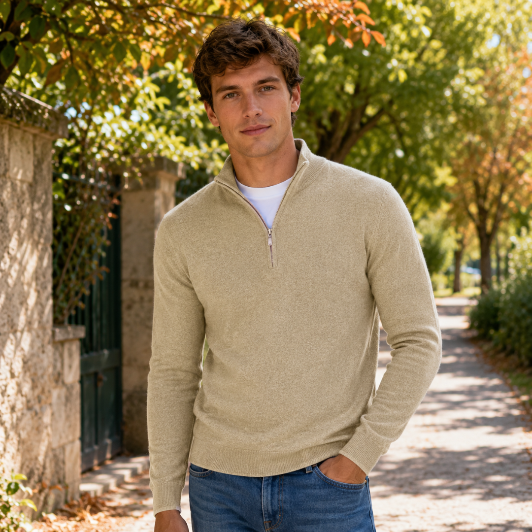 Maglione uomo albicocca a mezza zip con collo alto e maniche lunghe