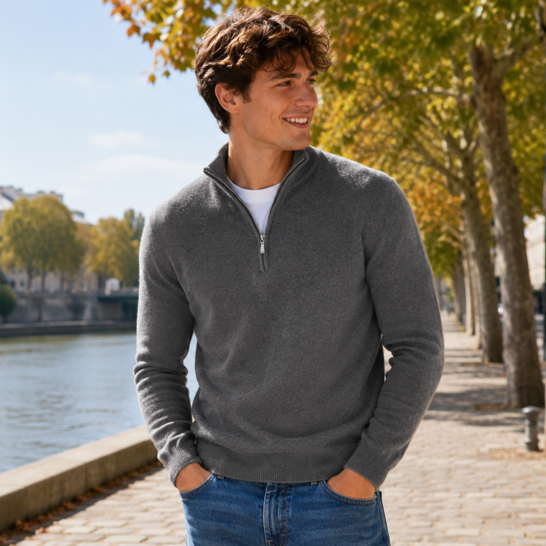 Maglione uomo grigio scuro a mezza zip con collo alto, look urbano