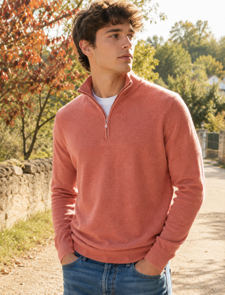 Maglione uomo rosa in tinta unita con mezza zip e fondo a coste