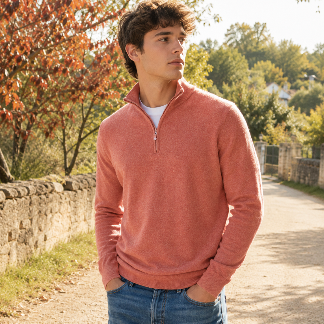 Maglione uomo rosa in tinta unita con mezza zip e fondo a coste