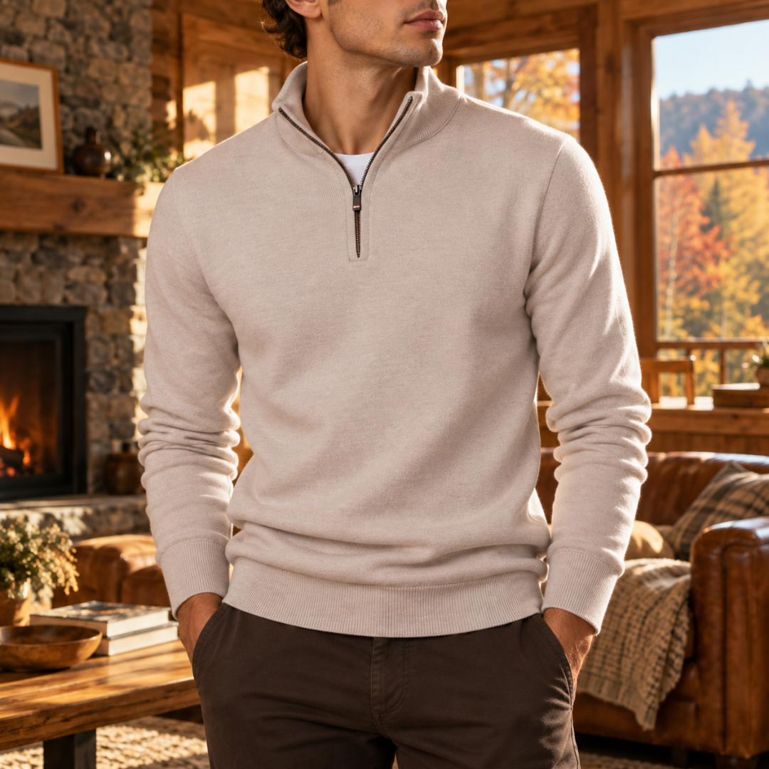 Maglione uomo beige a mezza zip con collo montante e polsini a coste