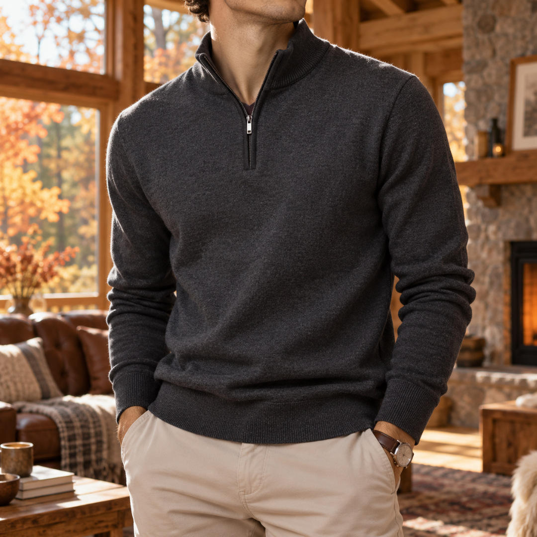 Maglione uomo grigio scuro in tinta unita con mezza zip e maniche lunghe