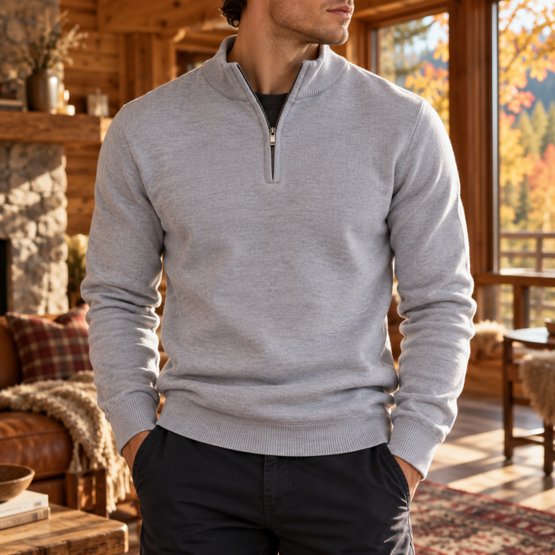 Maglione uomo grigio a mezza zip con collo montante e polsini a coste