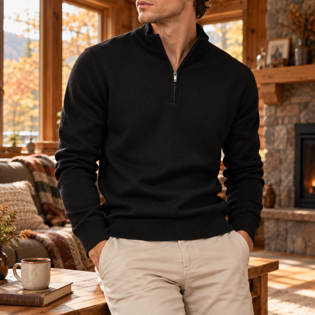 Maglione uomo nero con mezza zip, collo montante e fondo a coste