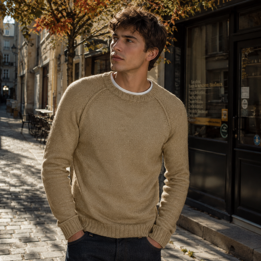 Maglione uomo kaki a girocollo con maniche raglan e fondo a costine