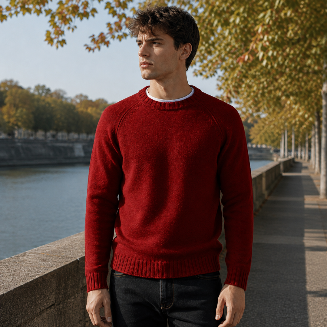 Maglione rosso uomo visto di fronte con bordo inferiore a costine larghe