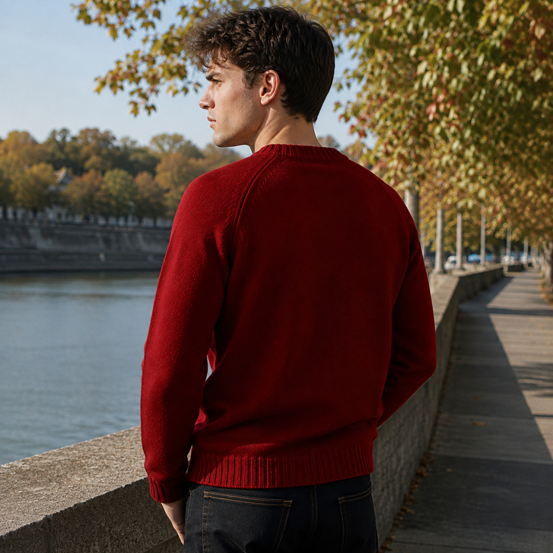 Retro del maglione uomo rosso con cuciture raglan e fondo a costine