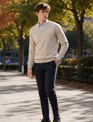 Maglione uomo beige a scollo a V con bordi a coste e pantaloni scuri