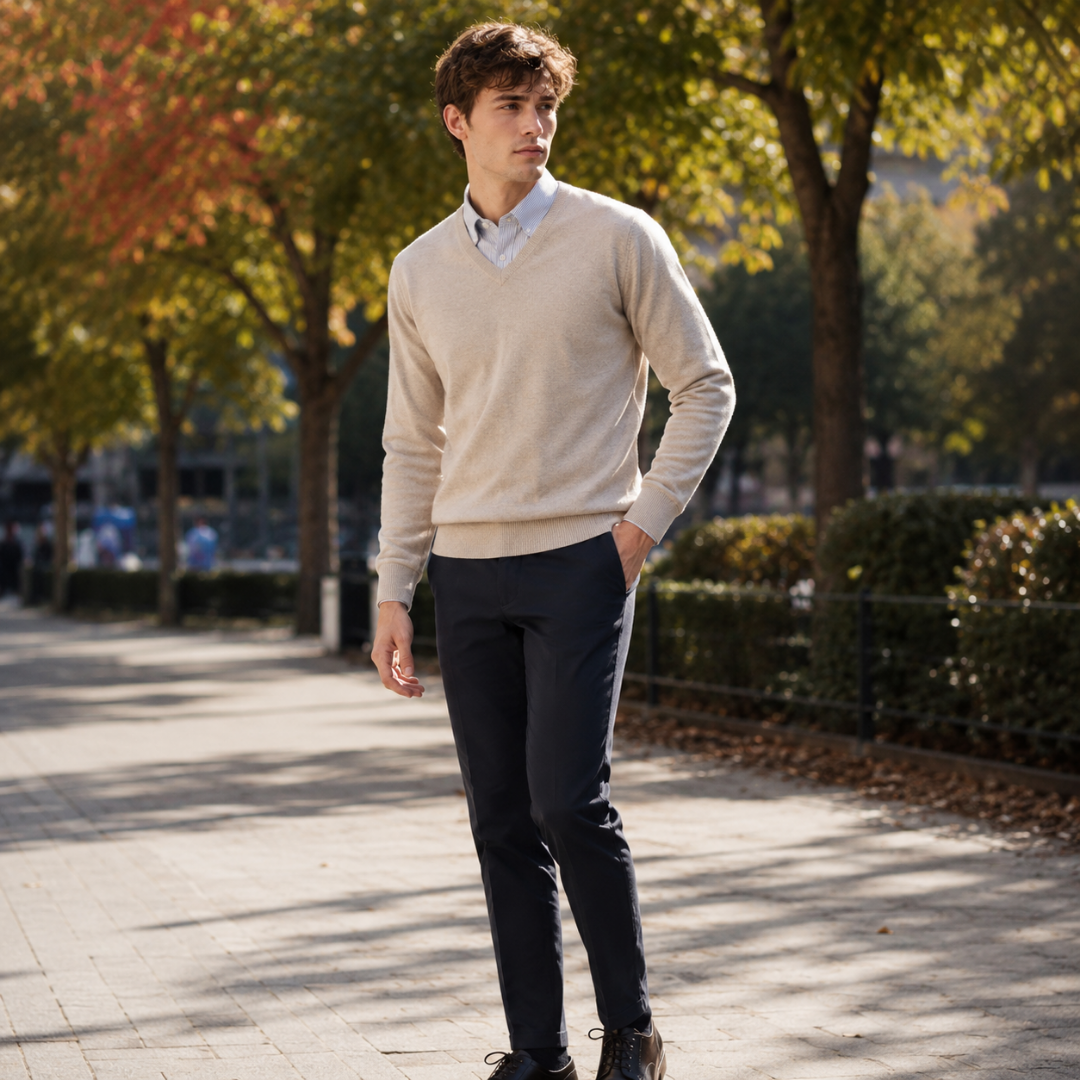 Maglione uomo beige a scollo a V con bordi a coste e pantaloni scuri