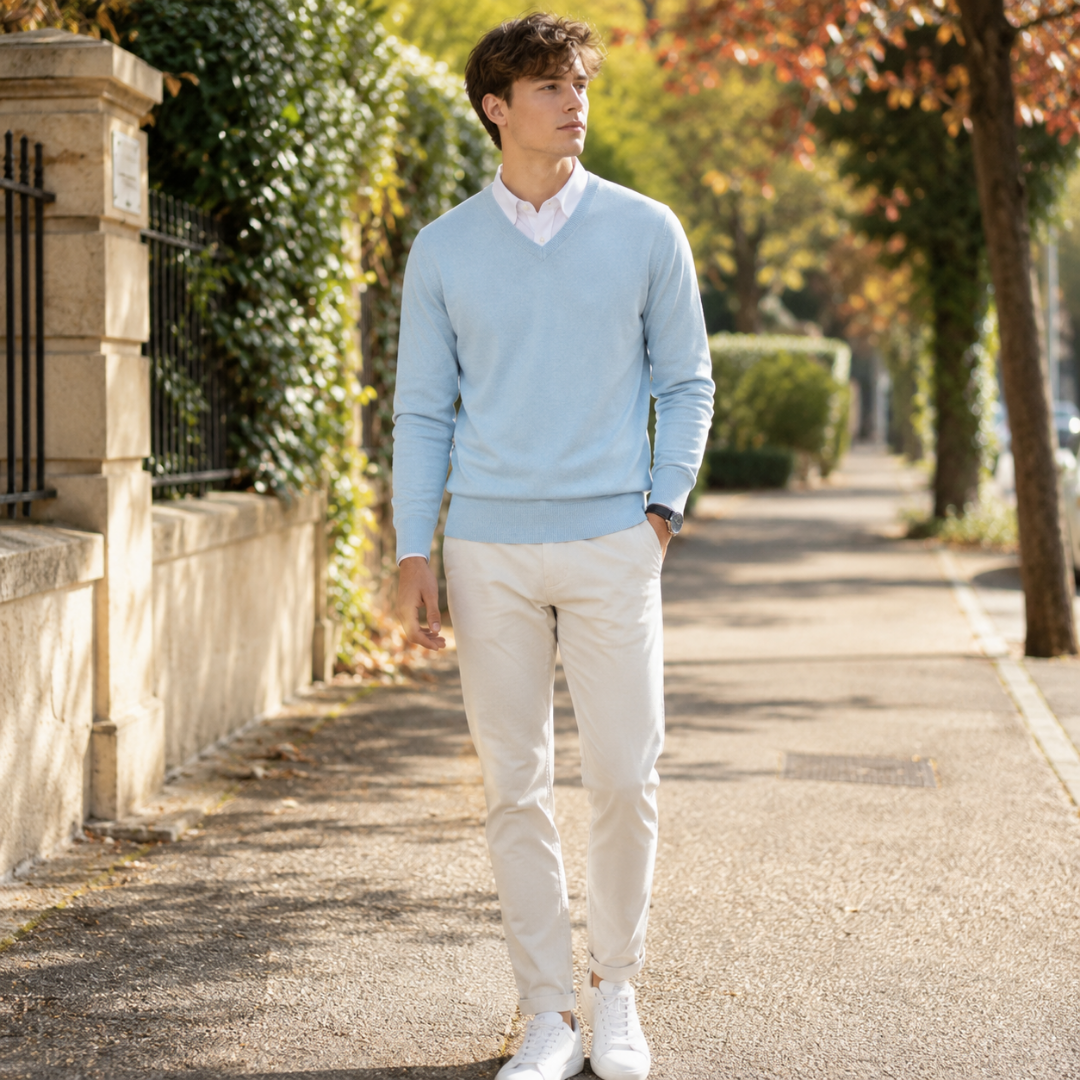 Maglione uomo blu pastello a scollo a V con polsi e fondo a coste
