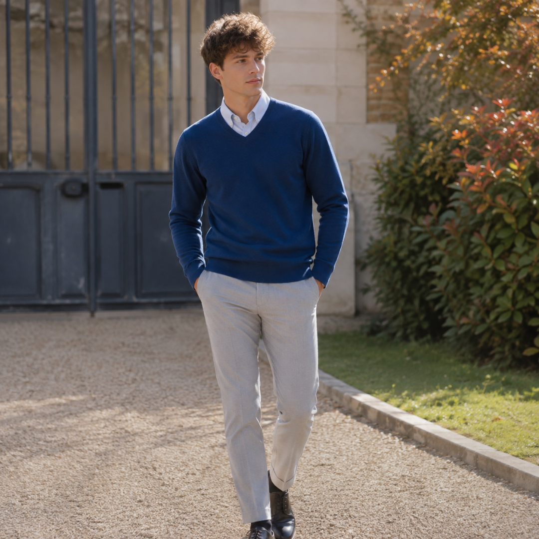 Maglione uomo blu a tinta unita con scollo a V e bordi a coste